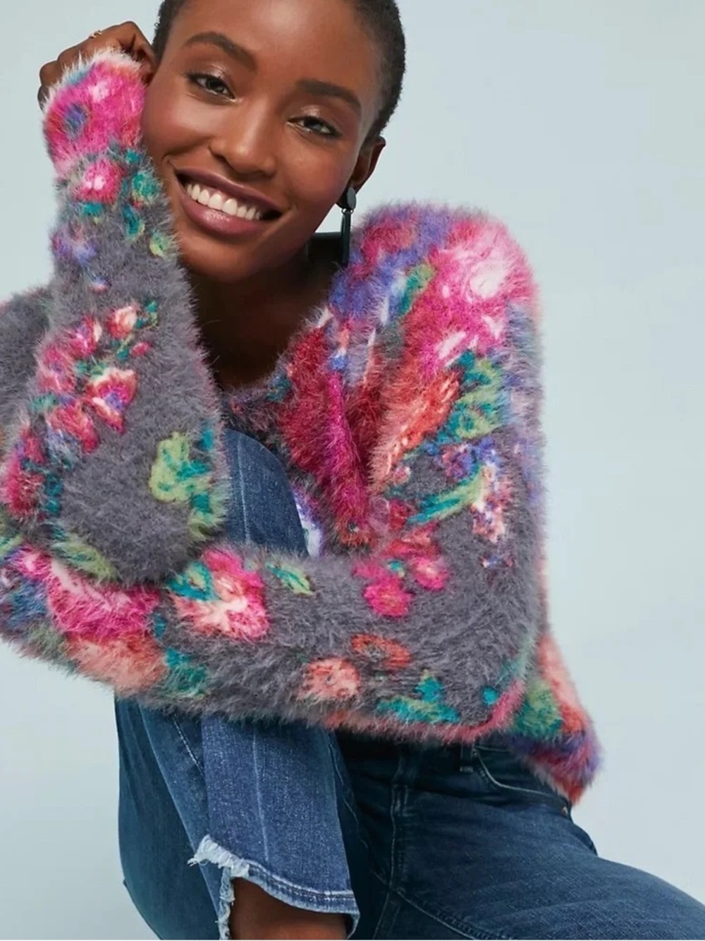 Fuzzy Ariel Eyelash Meadow Rue Anthro Sweater Grey Floral XSp
